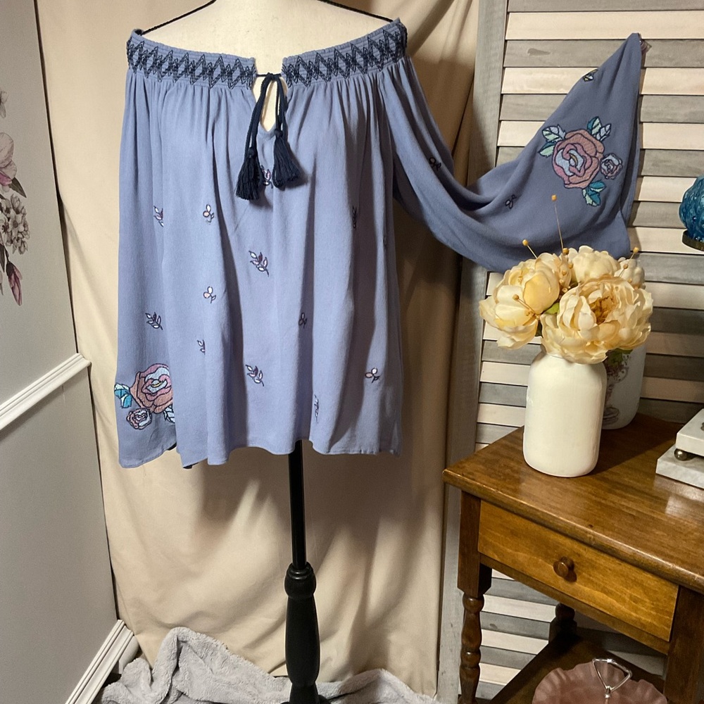 ODDY Blue Smocked Tie Front Blouse